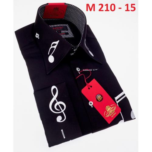 Axxess Black / White Music Note Embroidered Cotton Modern Fit French Cuff Shirt M210-15